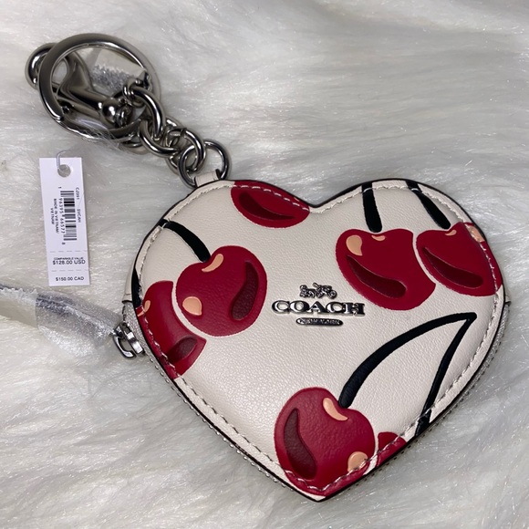 Coach 🍒 Cherry print keychain heart New bag charm - Picture 2 of 13